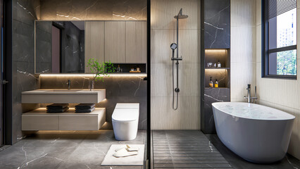 3d render modern bathroom full scene interior  - obrazy, fototapety, plakaty