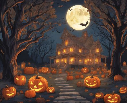 Halloween haunted house. Digital painting poster for background, design invitation party flyer, greeting card, social media post. 