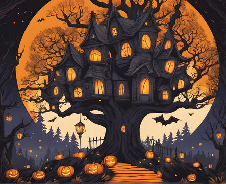 Halloween haunted house Digital painting poster for background design invitation party flyer 