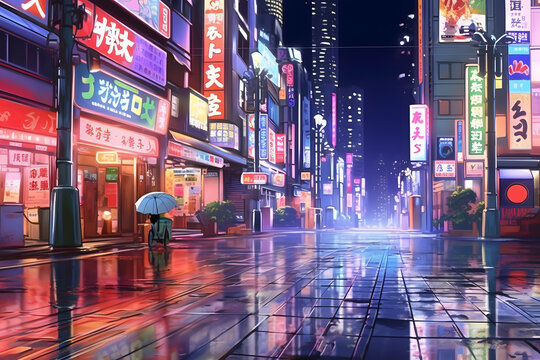 view of Tokyo city street lights at night Made with Generative AI