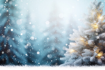  Christmas background. Christmas tree and bell with snow decorated with garland lights