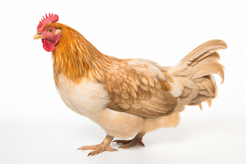 Fototapeta premium a chicken with a red comb standing on a white surface