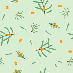 Vector seamless floral pattern with branches and sea buckthorn berries - 645246812