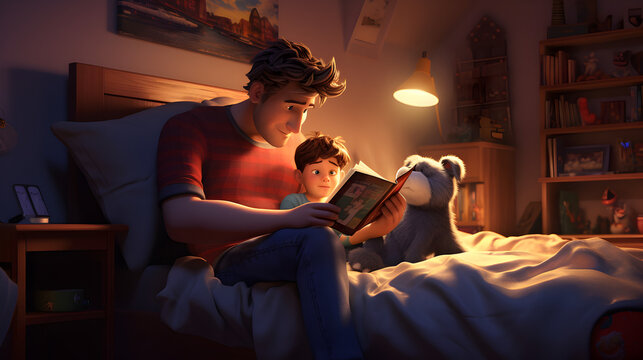 un papa lit une histoire à son fils pour l'endormir - illustration