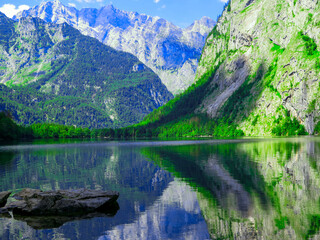 Fototapeta na wymiar Lake Obersee, Berchtesgaden, Bavaria, germany. Nature landscape, reserve national park. Spectacular view Alps mountain and Lake Obersee. Konigsee panorama. 