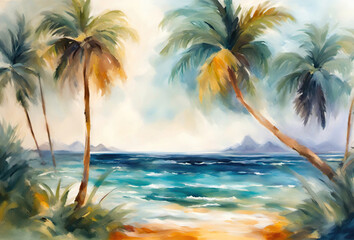 Fototapeta na wymiar Palm tree on a tropical island with beach and sea waves, oil painting illustration.