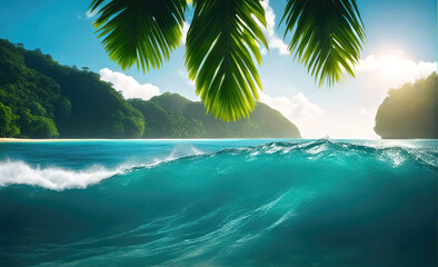 Rough tropical sea with beautiful giant waves with palm trees in the background.