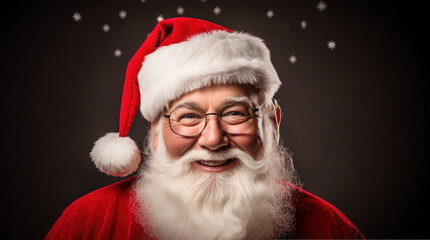 Happy cheerful handsome beard Santa Claus wearing red hat and costume looking directly at camera smiling without teeth christmas gifts atmosphere in snowfall