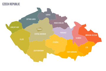 Czech Republic political map of administrative divisions - regions. Colorful spectrum political map with labels and country name.