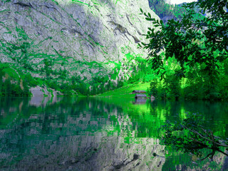 Lake Obersee, Berchtesgaden, Bavaria, germany. Nature landscape, reserve national park. Spectacular view Alps mountain and Lake Obersee. Konigsee panorama. 