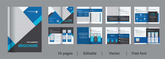 Blue brochure template layout design, 16 page corporate brochure editable template layout, minimal business brochure template design.