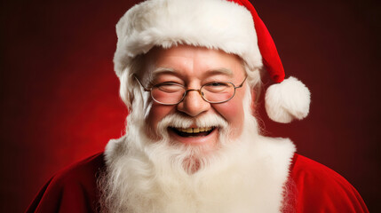 Photo of elderly Santa Claus with beautiful smile looing straight at camera wearing red hat retired old wise man Christmas atmosphere making wish standing over white bacground in studio