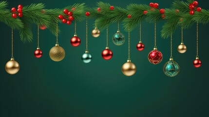 Naklejka premium Festive ornaments dangle from evergreen branches, adding a touch of elegance to the holiday season.