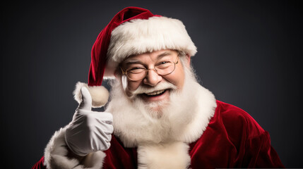 Photo of delighted happy cheerful Santa CLaus wearing red costumes and hat smiling showing thumb up at camera happy Christmas time