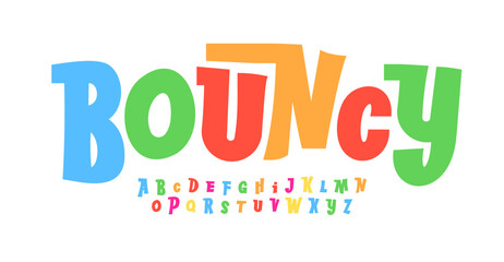 Bouncy color font, lively dynamic letters for fun and friendly designs. Perfect for school, birthdays, joyful celebrations or carnival. Cartoon typography for funny and funky design. Vector typeset.