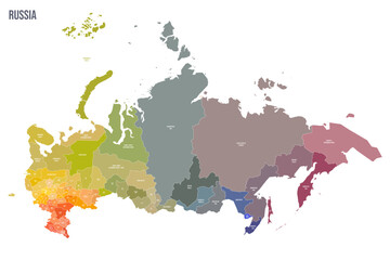 Russia political map of administrative divisions - oblasts, republics, autonomous okrugs, krais, autonomous oblast and 2 federal cities of Moscow and Saint Petersburg. Colorful spectrum political map