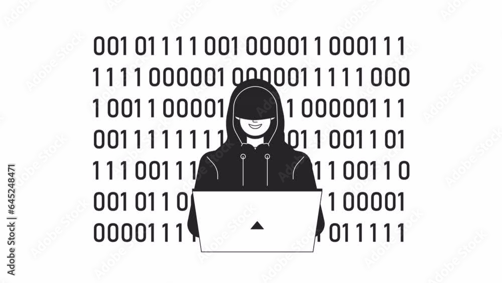 Poster cyber attacker typing on laptop bw outline 2d animation. fraudulent hacker spying internet 4k video 