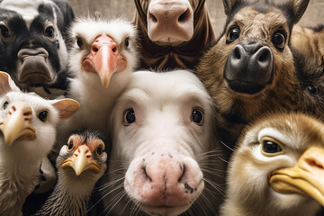 group of farm animals on a wooden background, top view, close-up generative ai