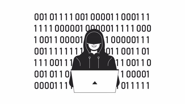 Cyber attacker typing on laptop bw outline 2D animation. Fraudulent hacker spying internet 4K video motion graphic. Network security monochrome linear animated cartoon flat concept, white background