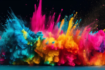 Colored powder explosion on black background. Colorful dust cloud. generative ai