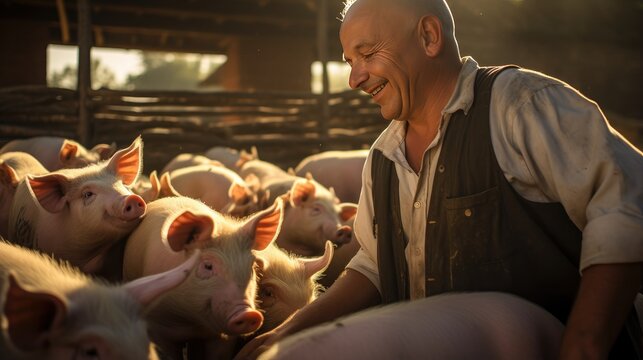 farmer feeding a group of happy pigs in a rustic barnyard.