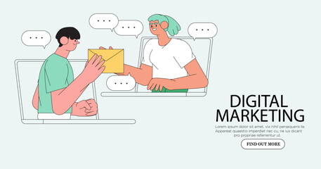 Digital marketing concept for internet, web banner and app design and development, seo, social network. Business marketing, strategy, planning, digital advertising, social media and communication.