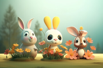 Obraz na płótnie Canvas Easter bunny family with flowers in the meadow, 3d render generative ai