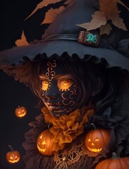 A scarecrow with a Halloween pumpkin head, Generative AI