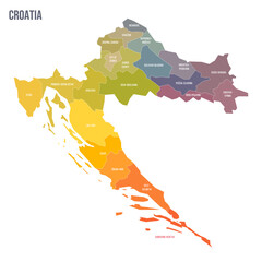 Croatia political map of administrative divisions - counties. Colorful spectrum political map with labels and country name.