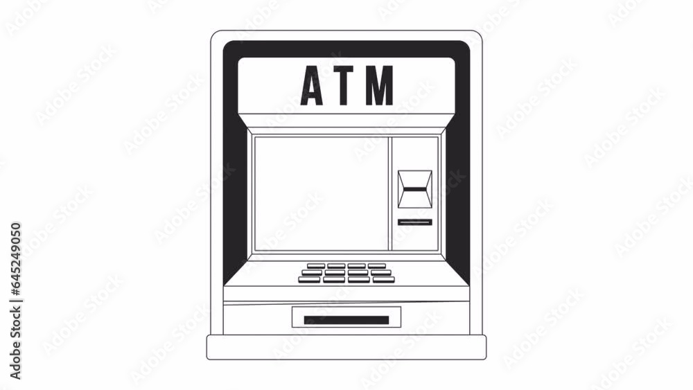 Poster atm machine screen bw outline 2d object animation. withdraw money service monochrome linear cartoon 