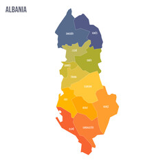 Albania political map of administrative divisions - counties. Colorful spectrum political map with labels and country name.