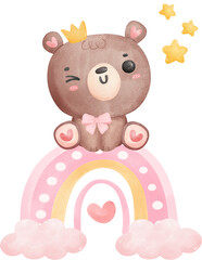 Baby shower bear, Cute teddy bear girl on rainbow