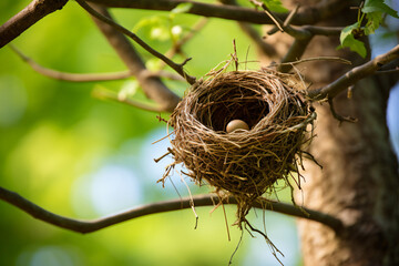 a bird nest hanging from a tree branch