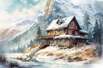 Watercolor painting of wooden house on the shore of lake. Winter landscape. generative ai