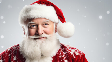 Photo of elderly Santa Claus with beautiful smile looing straight at camera wearing red hat retired old wise man Christmas atmosphere making wish standing over white bacground in studio