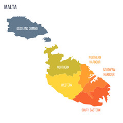 Malta political map of administrative divisions - regions. Colorful spectrum political map with labels and country name. - obrazy, fototapety, plakaty