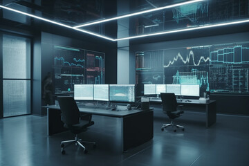 3d rendering of modern office interior with stock market chart on screen generative ai