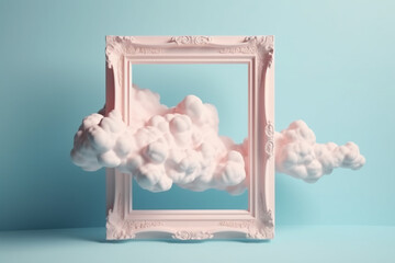 Clouds and frame on blue background. 3D rendering. Vintage style. generative ai