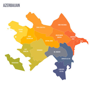 Azerbaijan political map of administrative divisions - districts, cities and autonomous republic of Nakhchivan. Colorful spectrum political map with labels and country name.