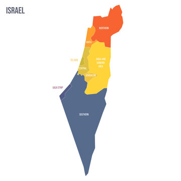 Israel political map of administrative divisions - districts, Gaza Strip and Judea and Samaria Area. Colorful spectrum political map with labels and country name.