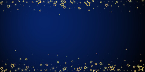 Gold sparkling star confetti. Chaotic dreamy childish overlay template. Festive stars vector illustration on dark blue background. - obrazy, fototapety, plakaty