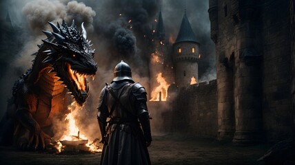 a realistic picture of a knight fighting a dragon