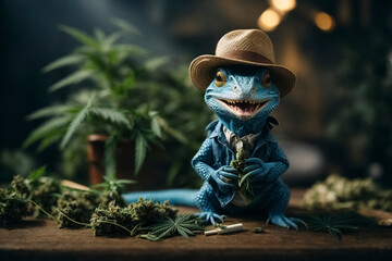 Blue lizard with a hat and suit standing on a pile of weed
