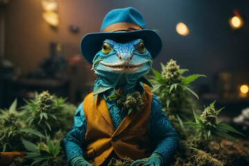 Blue lizard with a hat and suit standing on a pile of weed