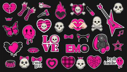 Set of trendy emo stickers in black and acid pink colors. Emo attributes, skulls, sad emoticons, hearts with patterns, game console with game over, clothing items-01
