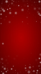 Obraz na płótnie Canvas Magic falling snow christmas background. Subtle flying snow flakes and stars on christmas red background. Magic falling snow holiday scenery. Vertical vector illustration.