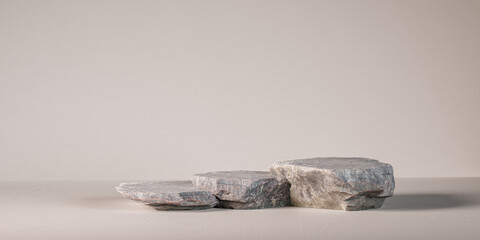 Blank product three podium. Minimal scene mockup with 3 stone, product podium with copy space,...