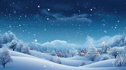 Fototapeta premium Snowflakes gently fall from a starry sky, covering homes in a shimmering white blanket, creating a picturesque Christmas scene.