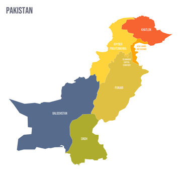 Pakistan political map of administrative divisions - provinces and autonomous territories. Colorful spectrum political map with labels and country name.