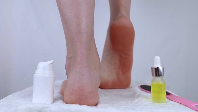 Cracked heels. Woman feet before and after procedures to soften rough skin. Urea cream, oil for care of keratinized skin, healing of cracked foot. Usage foot grater, cream with urea, softening oil.